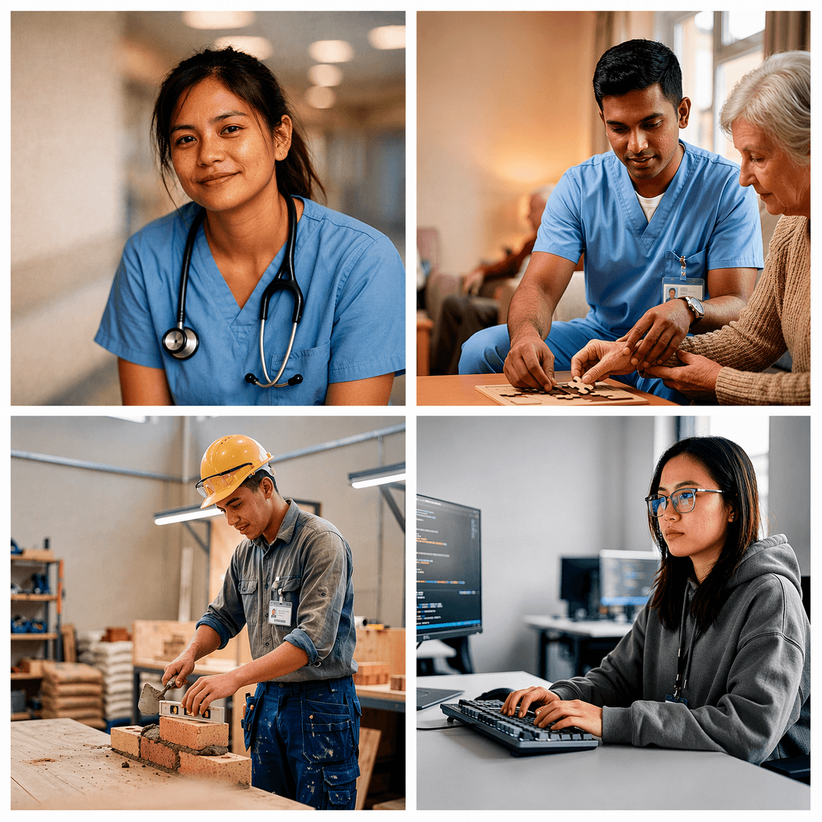 Ausbildung trainees working in nursing, care, construction, and IT